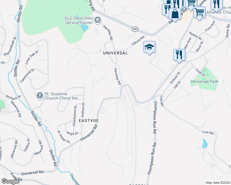 map of restaurants, bars, coffee shops, grocery stores, and more near 1841 Universal Rd in Pittsburgh