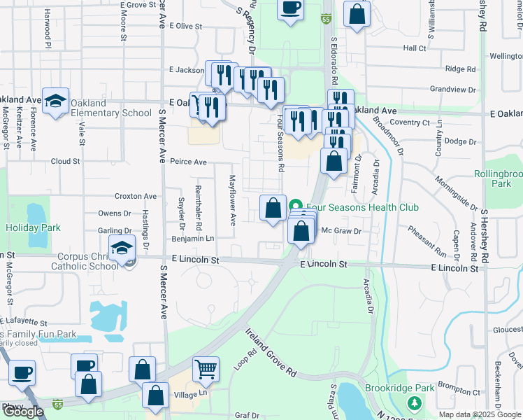 map of restaurants, bars, coffee shops, grocery stores, and more near Willedrob Road in Bloomington