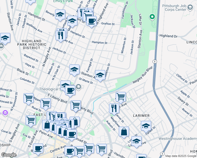 map of restaurants, bars, coffee shops, grocery stores, and more near 6200 Stanton Avenue in Pittsburgh