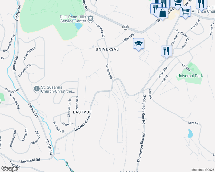 map of restaurants, bars, coffee shops, grocery stores, and more near 1841 Universal Road in Pittsburgh