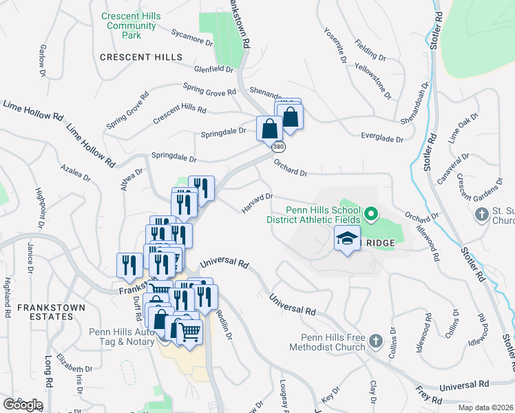 map of restaurants, bars, coffee shops, grocery stores, and more near 12014 Harvard Drive in Pittsburgh