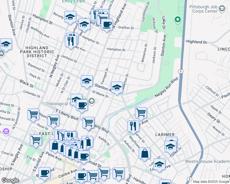 map of restaurants, bars, coffee shops, grocery stores, and more near 6109 Saint Marie Street in Pittsburgh