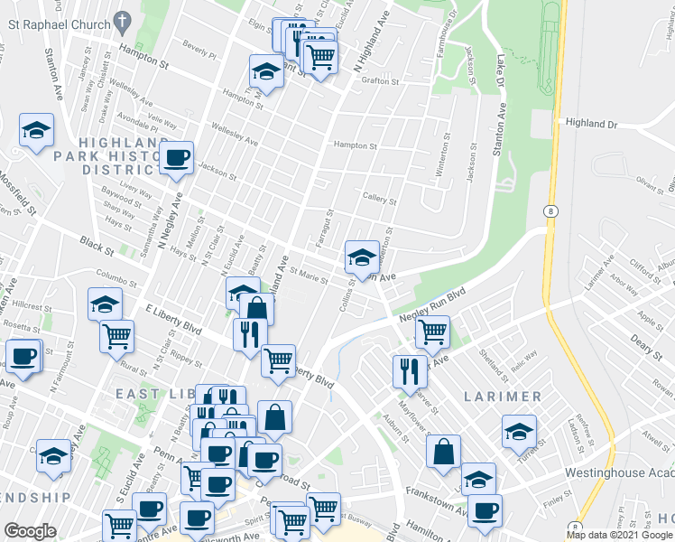 map of restaurants, bars, coffee shops, grocery stores, and more near 6109 Saint Marie Street in Pittsburgh