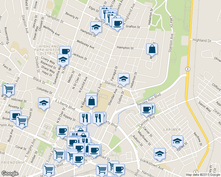 map of restaurants, bars, coffee shops, grocery stores, and more near 6030 Saint Marie Street in Pittsburgh