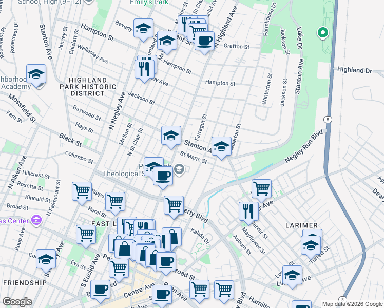 map of restaurants, bars, coffee shops, grocery stores, and more near 6030 Saint Marie Street in Pittsburgh