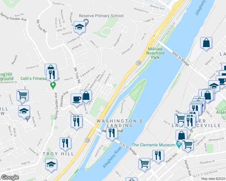 map of restaurants, bars, coffee shops, grocery stores, and more near 2117 Eggers Street in Pittsburgh