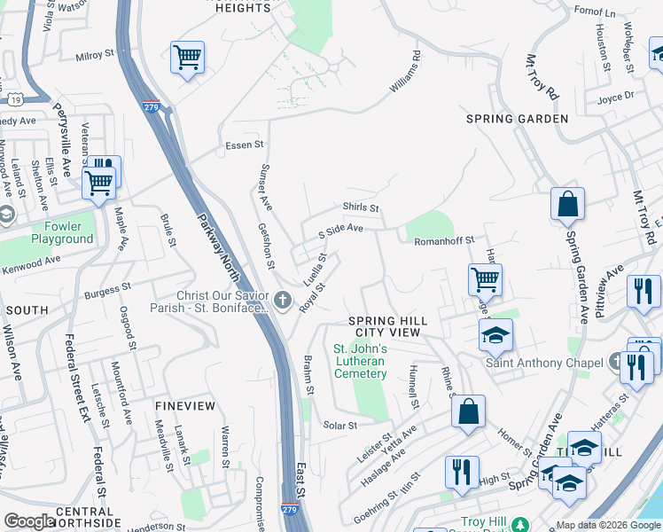 map of restaurants, bars, coffee shops, grocery stores, and more near 921 Luella Street in Pittsburgh