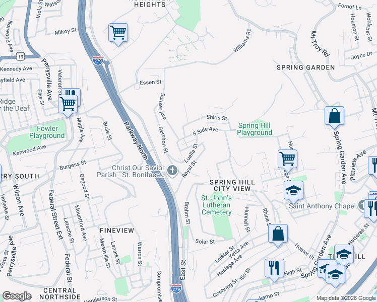 map of restaurants, bars, coffee shops, grocery stores, and more near 921 Luella Street in Pittsburgh