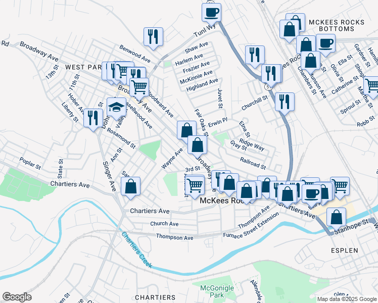 map of restaurants, bars, coffee shops, grocery stores, and more near 331 Broadway Avenue in McKees Rocks
