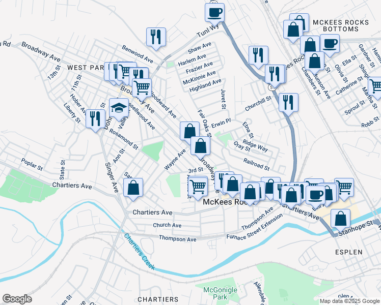 map of restaurants, bars, coffee shops, grocery stores, and more near 331 Broadway Avenue in McKees Rocks