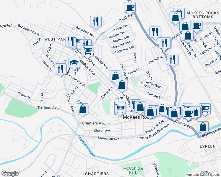 map of restaurants, bars, coffee shops, grocery stores, and more near 401 Russellwood Avenue in McKees Rocks