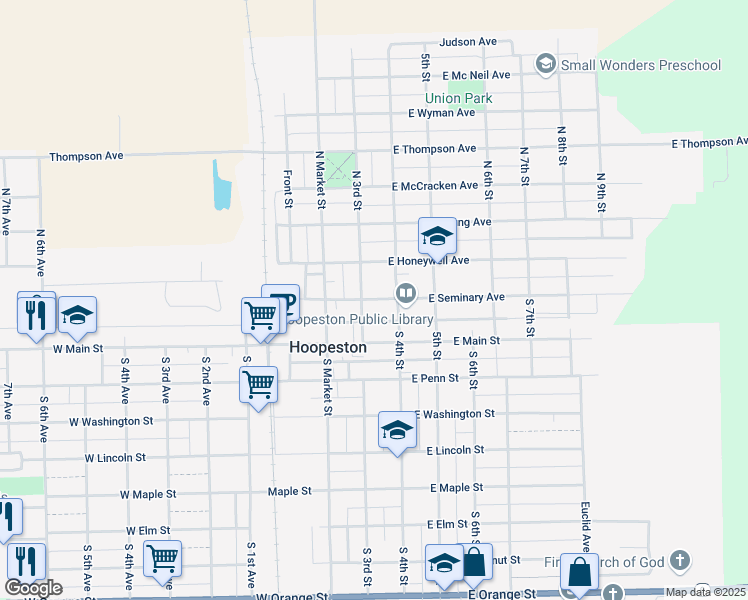 map of restaurants, bars, coffee shops, grocery stores, and more near 401-499 East Seminary Avenue in Hoopeston