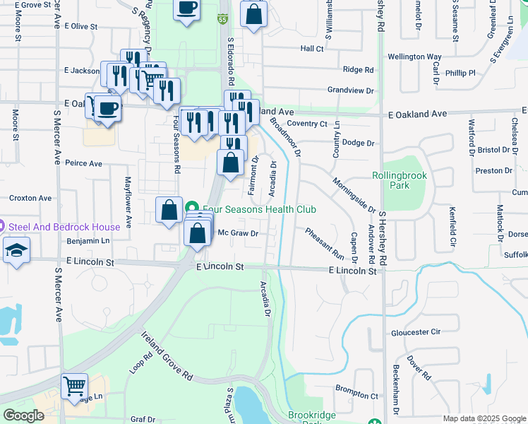 map of restaurants, bars, coffee shops, grocery stores, and more near 806 Arcadia Drive in Bloomington