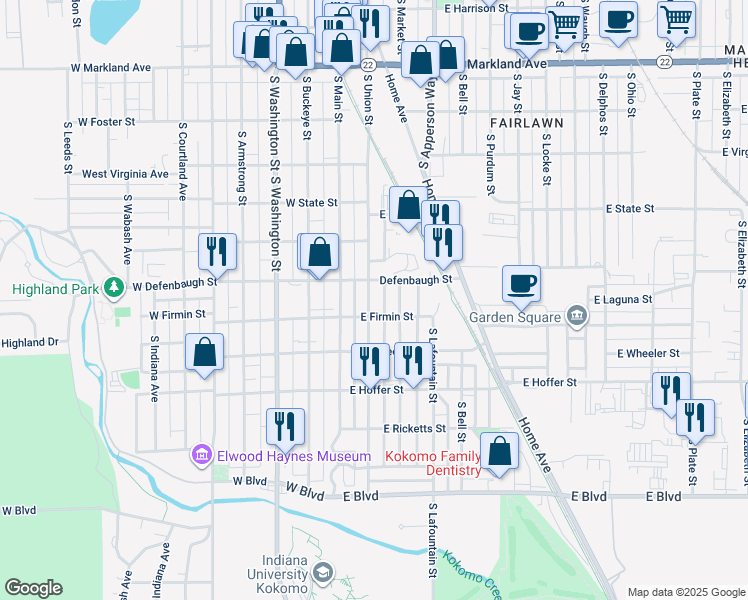 map of restaurants, bars, coffee shops, grocery stores, and more near 1518 South Union Street in Kokomo