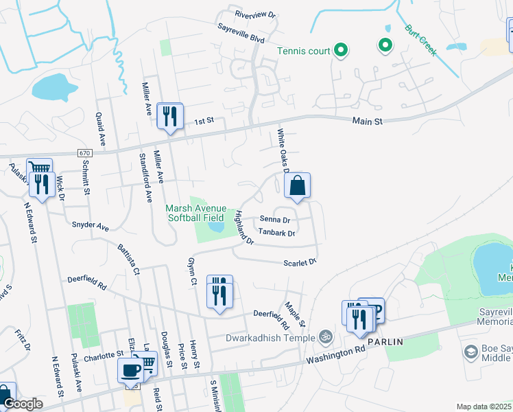 map of restaurants, bars, coffee shops, grocery stores, and more near 5 Dogwood Court in Sayreville