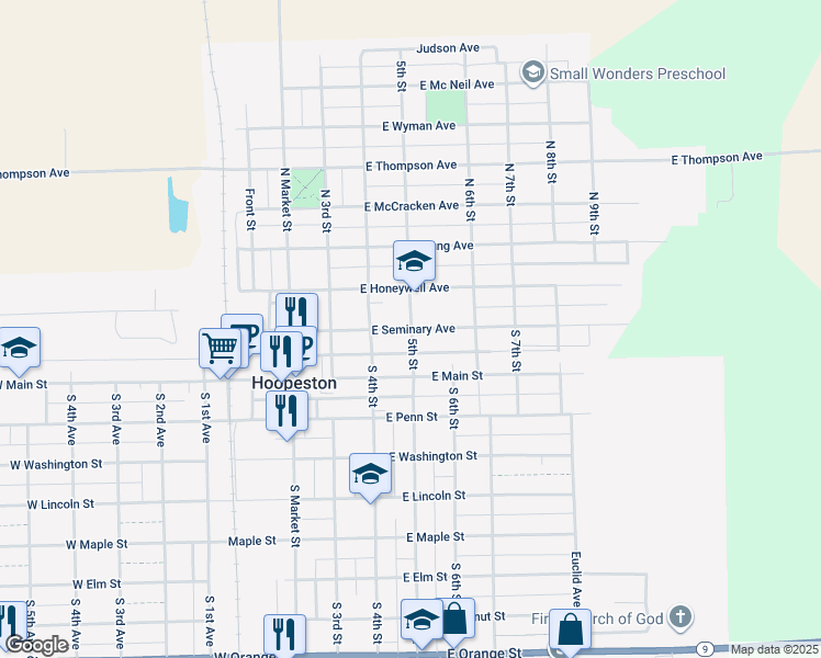 map of restaurants, bars, coffee shops, grocery stores, and more near 599 East Seminary Avenue in Hoopeston