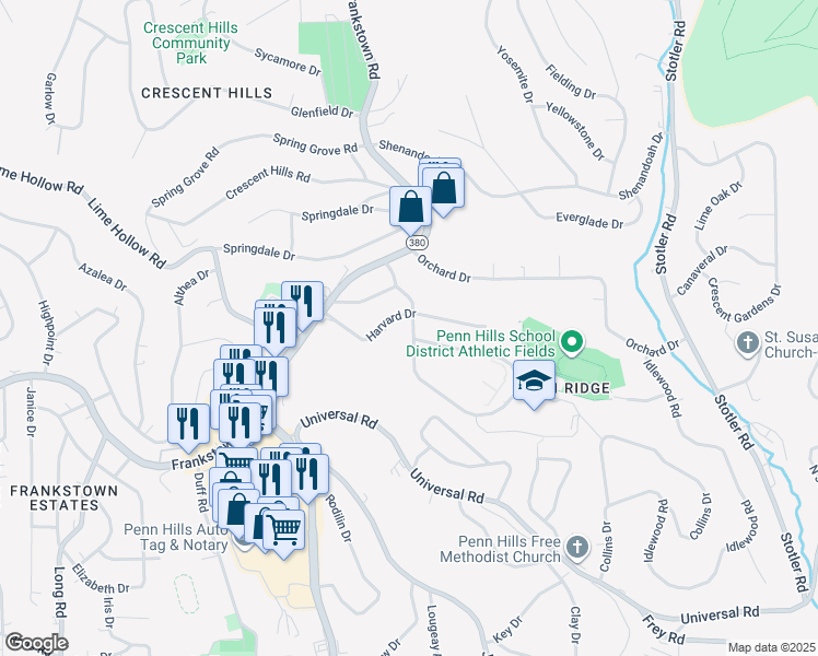 map of restaurants, bars, coffee shops, grocery stores, and more near 308 Parkridge Drive in Pittsburgh