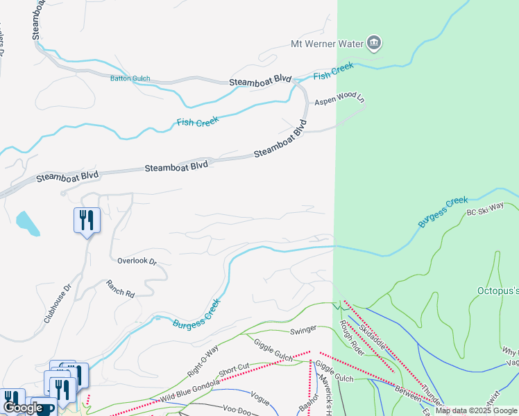 map of restaurants, bars, coffee shops, grocery stores, and more near 2780 Ridge Road in Steamboat Springs