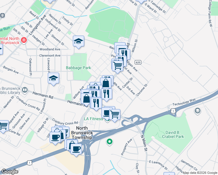 map of restaurants, bars, coffee shops, grocery stores, and more near 588 4th Avenue in North Brunswick Township