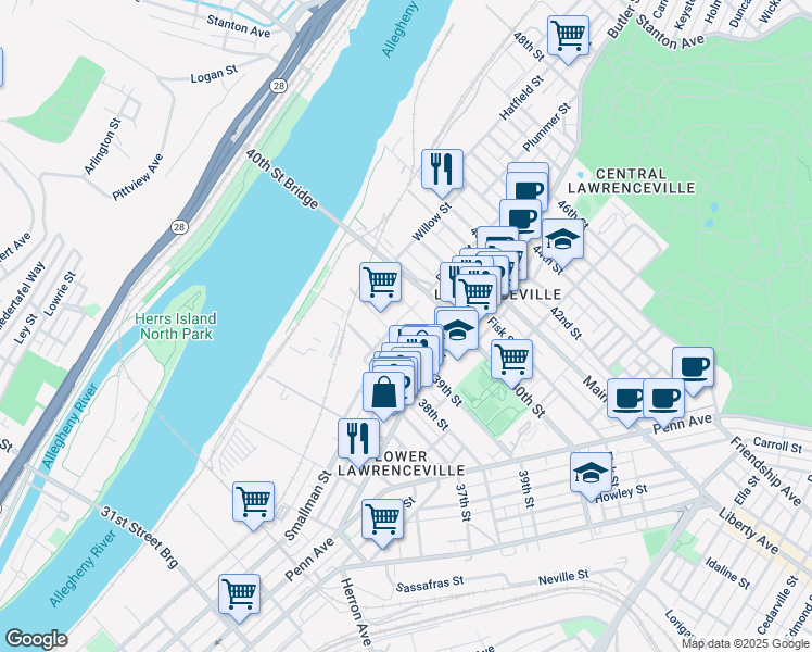 map of restaurants, bars, coffee shops, grocery stores, and more near 162 1/2 39th Street in Pittsburgh