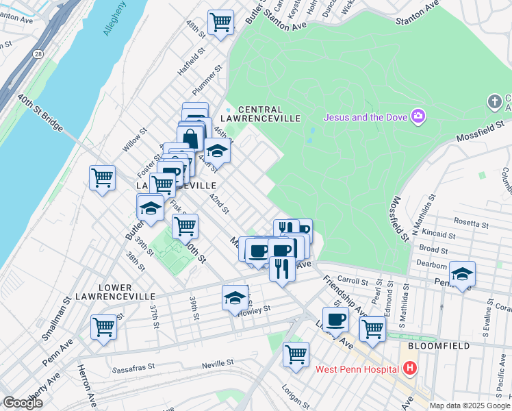 map of restaurants, bars, coffee shops, grocery stores, and more near 4245 Dunkeld Way in Pittsburgh