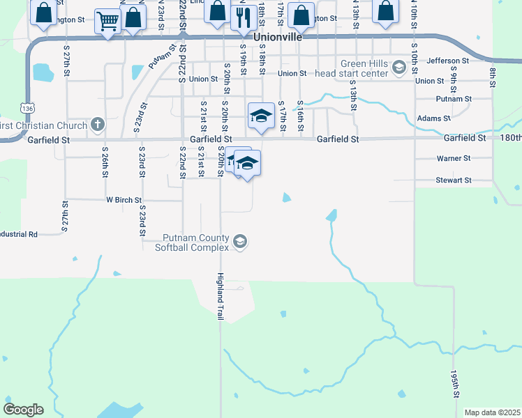 map of restaurants, bars, coffee shops, grocery stores, and more near 803 South 20th Street in Unionville
