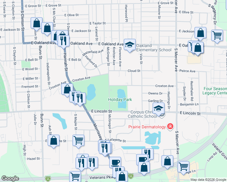 map of restaurants, bars, coffee shops, grocery stores, and more near 800 McGregor Street in Bloomington