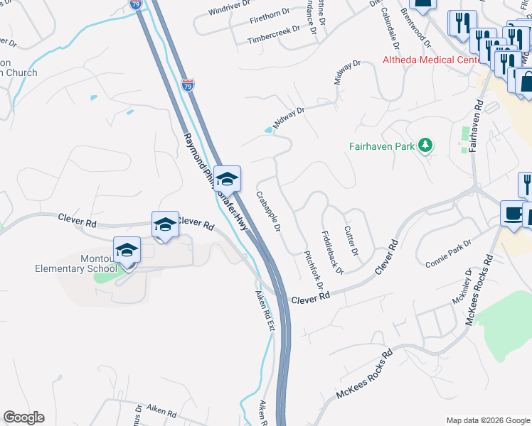map of restaurants, bars, coffee shops, grocery stores, and more near 4020 Crabapple Drive in McKees Rocks