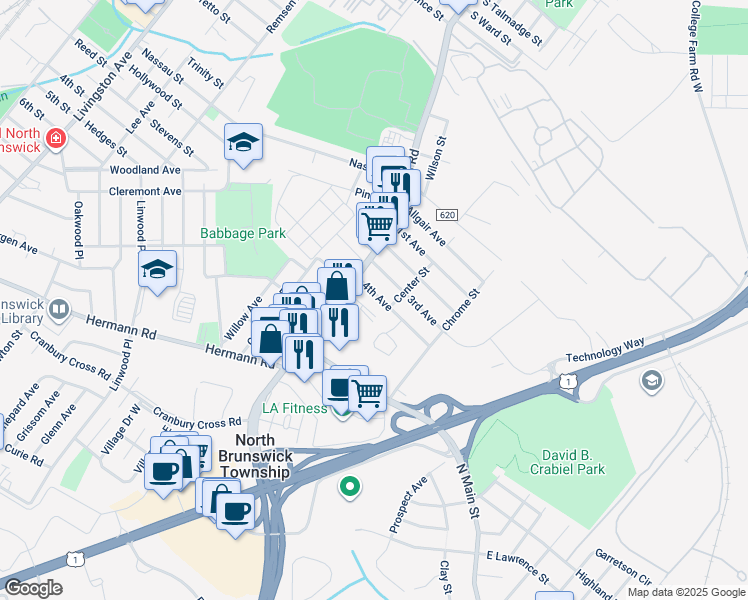 map of restaurants, bars, coffee shops, grocery stores, and more near 588 4th Avenue in North Brunswick Township