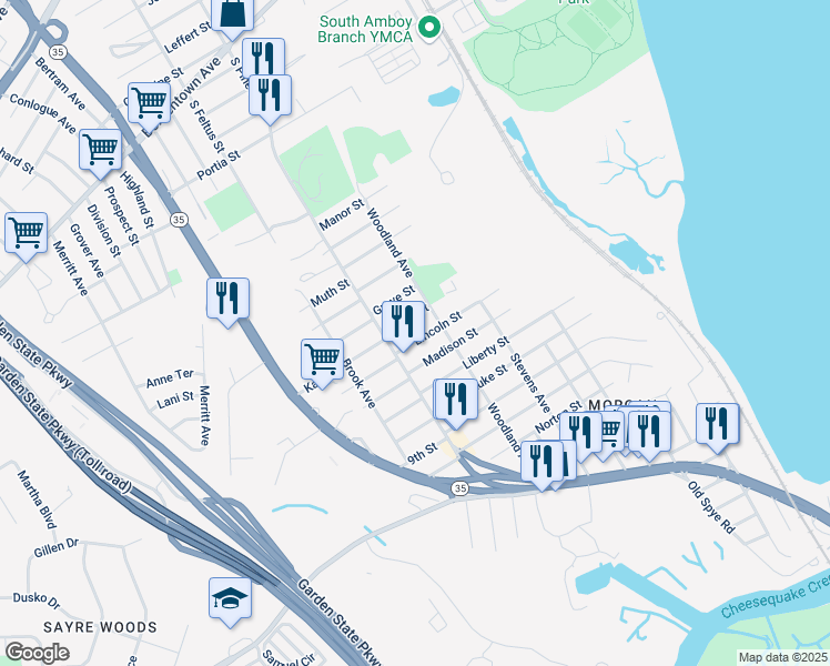 map of restaurants, bars, coffee shops, grocery stores, and more near 192 Madison Street in South Amboy