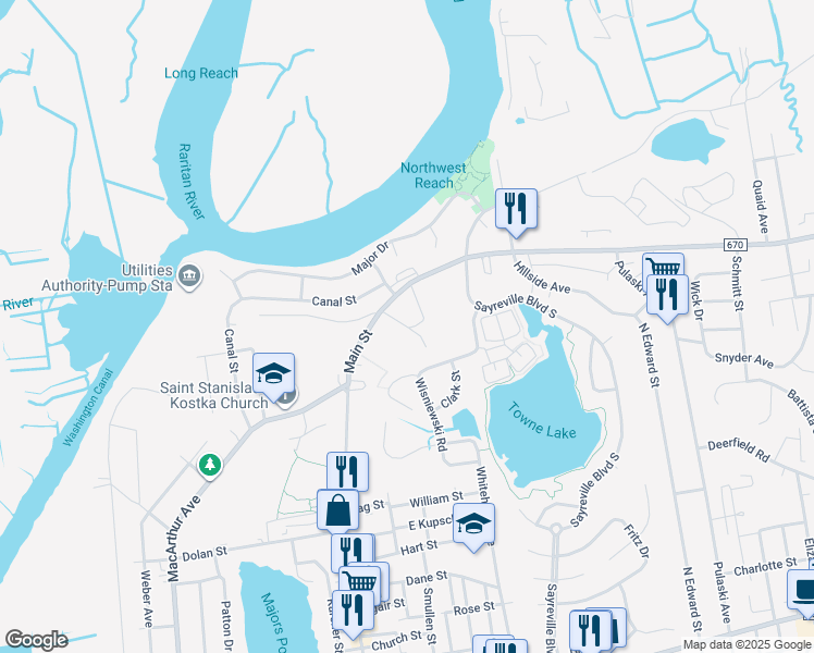 map of restaurants, bars, coffee shops, grocery stores, and more near 232-278 County Road 670 in Sayreville