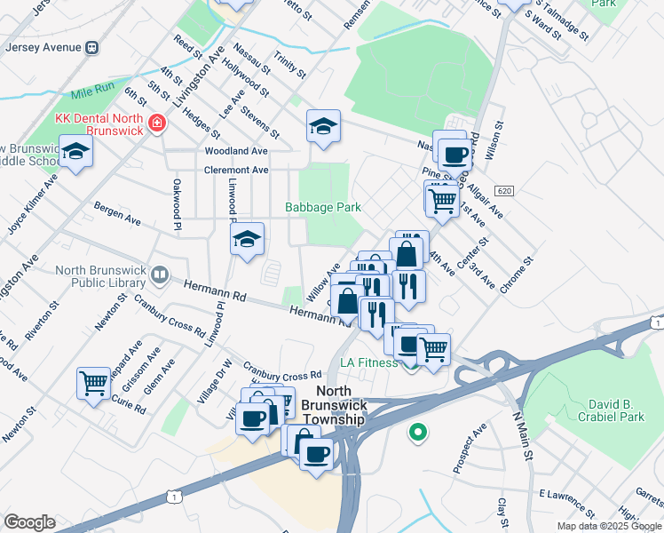 map of restaurants, bars, coffee shops, grocery stores, and more near 720 Willow Avenue in North Brunswick Township