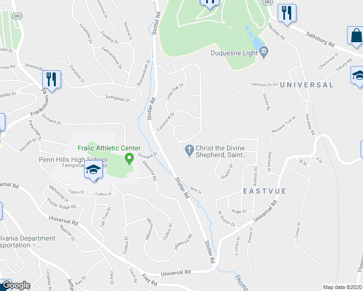 map of restaurants, bars, coffee shops, grocery stores, and more near 17 Saint Susanna Drive in Pittsburgh