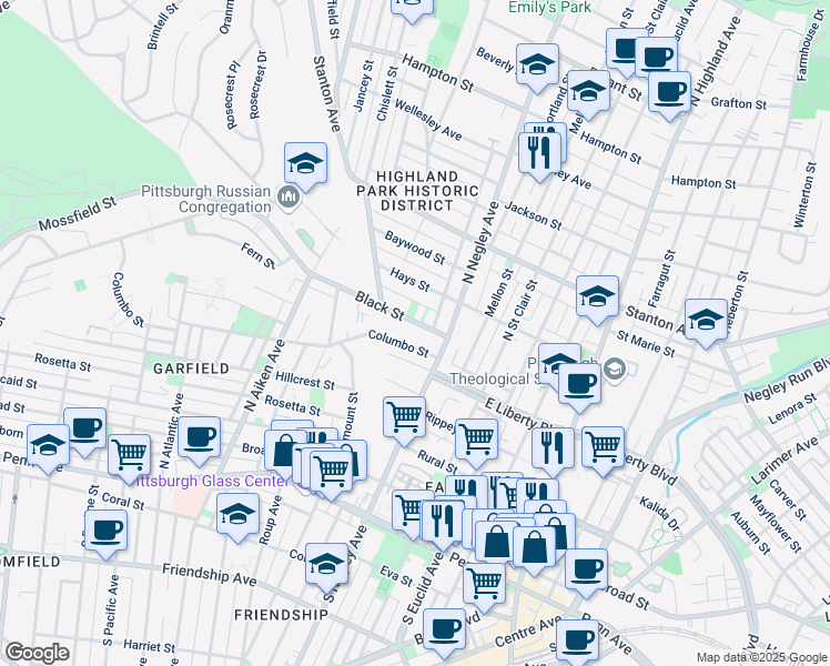 map of restaurants, bars, coffee shops, grocery stores, and more near 5547 Columbo Street in Pittsburgh
