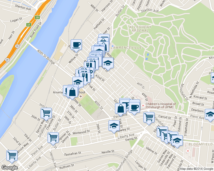map of restaurants, bars, coffee shops, grocery stores, and more near 261 Main Street in Pittsburgh