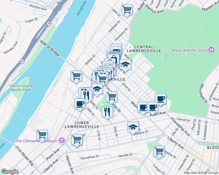 map of restaurants, bars, coffee shops, grocery stores, and more near 231-233 Fisk Street in Pittsburgh