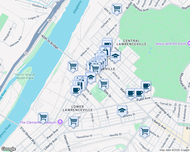 map of restaurants, bars, coffee shops, grocery stores, and more near in Pittsburgh