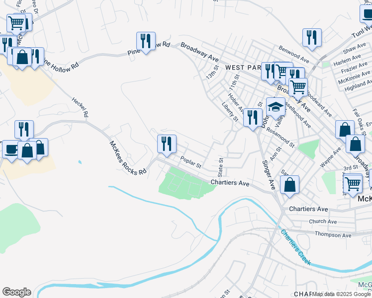 map of restaurants, bars, coffee shops, grocery stores, and more near 116 Clinton Street in McKees Rocks