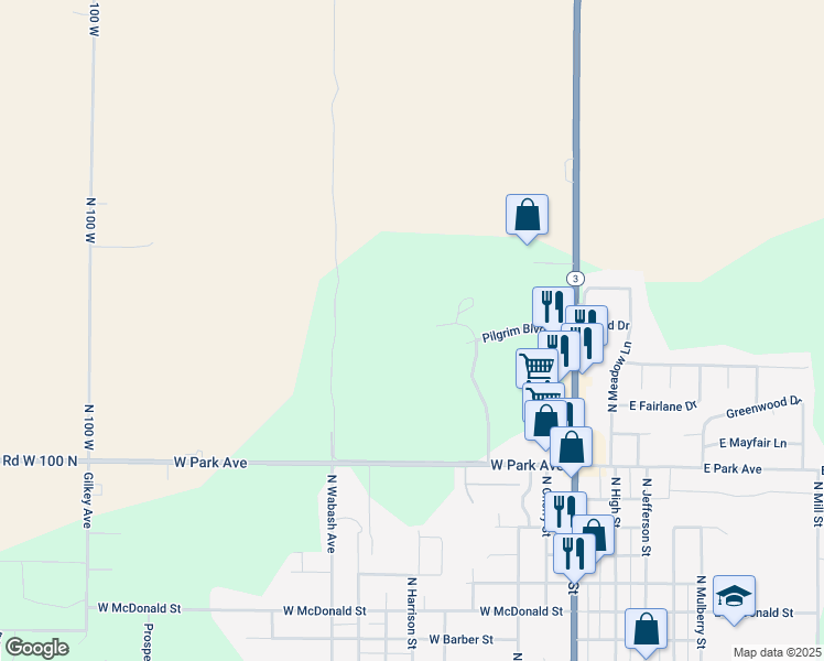 map of restaurants, bars, coffee shops, grocery stores, and more near 100 Independence Parkway in Hartford City