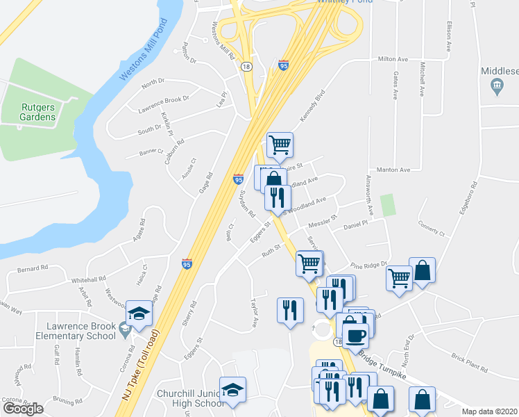 map of restaurants, bars, coffee shops, grocery stores, and more near 197 New Jersey 18 in East Brunswick