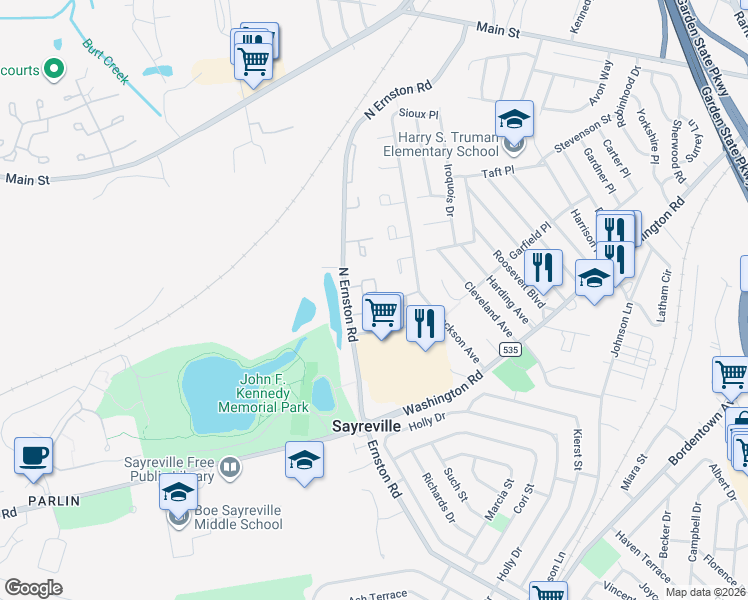 map of restaurants, bars, coffee shops, grocery stores, and more near 33 Farnham Square in Sayreville