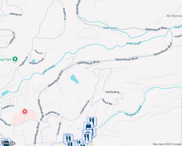 map of restaurants, bars, coffee shops, grocery stores, and more near 1271 Clubhouse Circle in Steamboat Springs