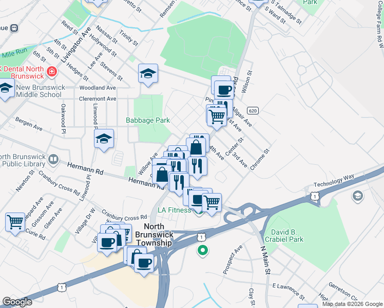 map of restaurants, bars, coffee shops, grocery stores, and more near 643 Georges Road in North Brunswick Township