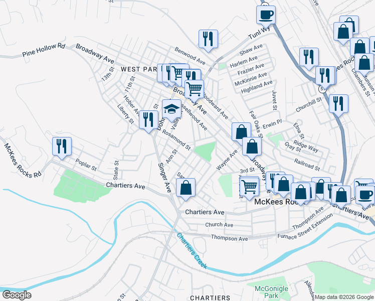 map of restaurants, bars, coffee shops, grocery stores, and more near 214 Jane Street in McKees Rocks