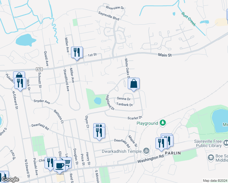 map of restaurants, bars, coffee shops, grocery stores, and more near 2 Dogwood Court in Sayreville