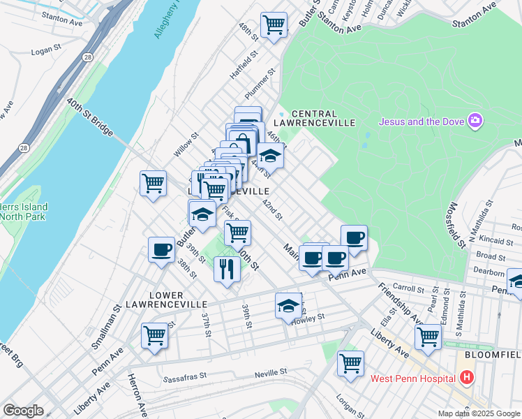map of restaurants, bars, coffee shops, grocery stores, and more near 261 Main Street in Pittsburgh