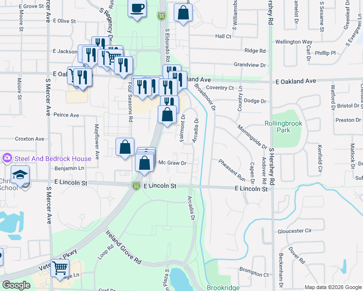 map of restaurants, bars, coffee shops, grocery stores, and more near 717 Fairmont Drive in Bloomington