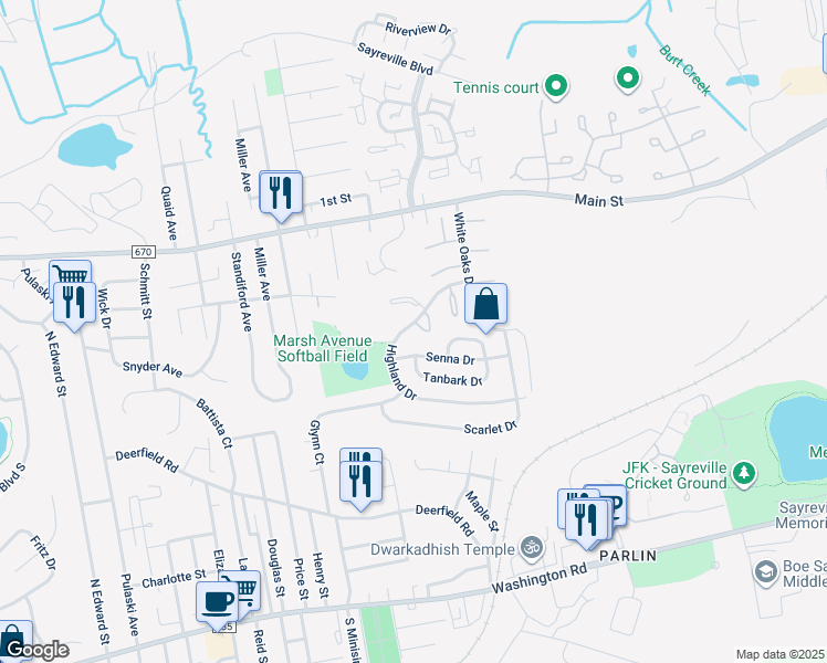 map of restaurants, bars, coffee shops, grocery stores, and more near 9 Senna Drive in Sayreville