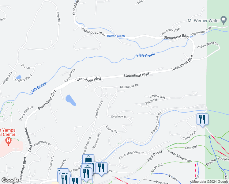 map of restaurants, bars, coffee shops, grocery stores, and more near 1145 Overlook Drive in Steamboat Springs