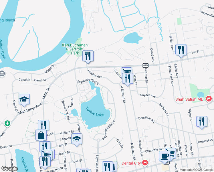 map of restaurants, bars, coffee shops, grocery stores, and more near 198 Sayreville Boulevard South in Sayreville